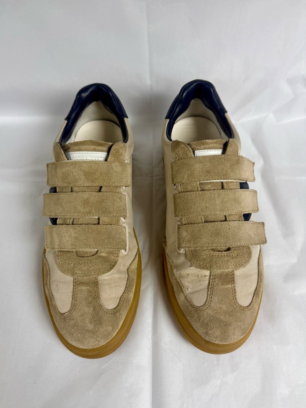 Veronica Beard Beige Suede & Canvas Velcro Sneakers with Navy Heel